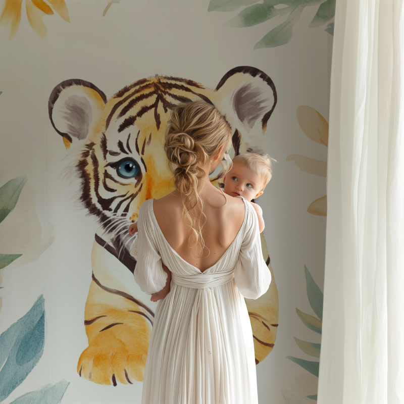 Jungle tiger wallpaper creating focal point in baby's room