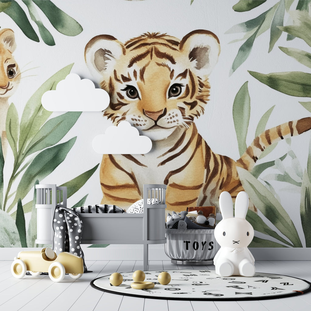 Watercolor tiger wallpaper creating focal point in child's reading nook