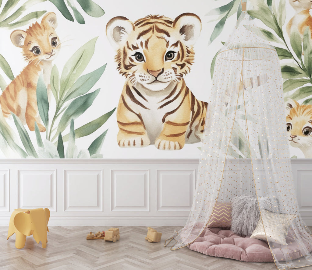 Safari tiger wallpaper styled in modern children's study area