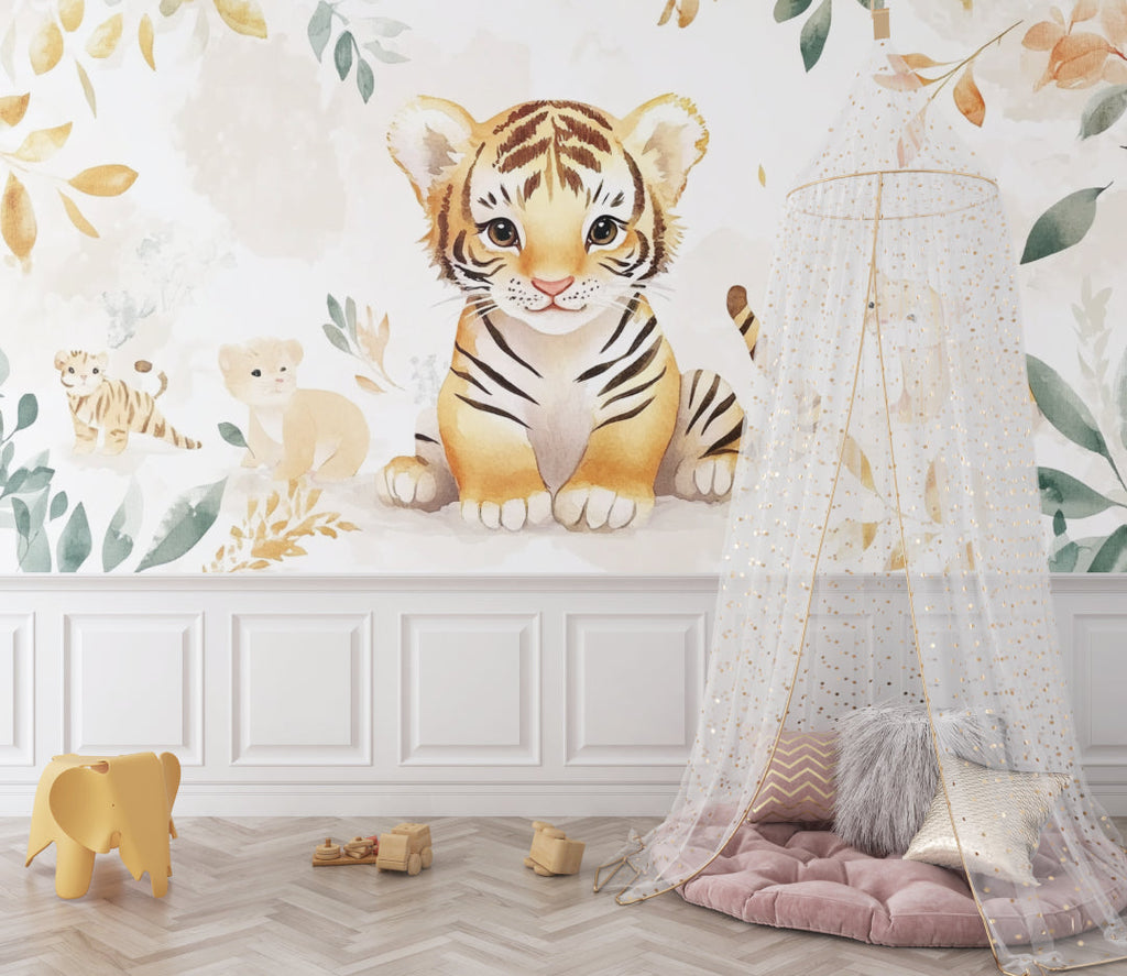 Watercolor Animal Mural displayed in a gender-neutral nursery with minimalist decor