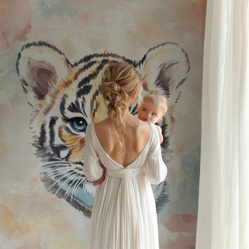 Baby tiger wallpaper adds a gentle touch to this playroom setting