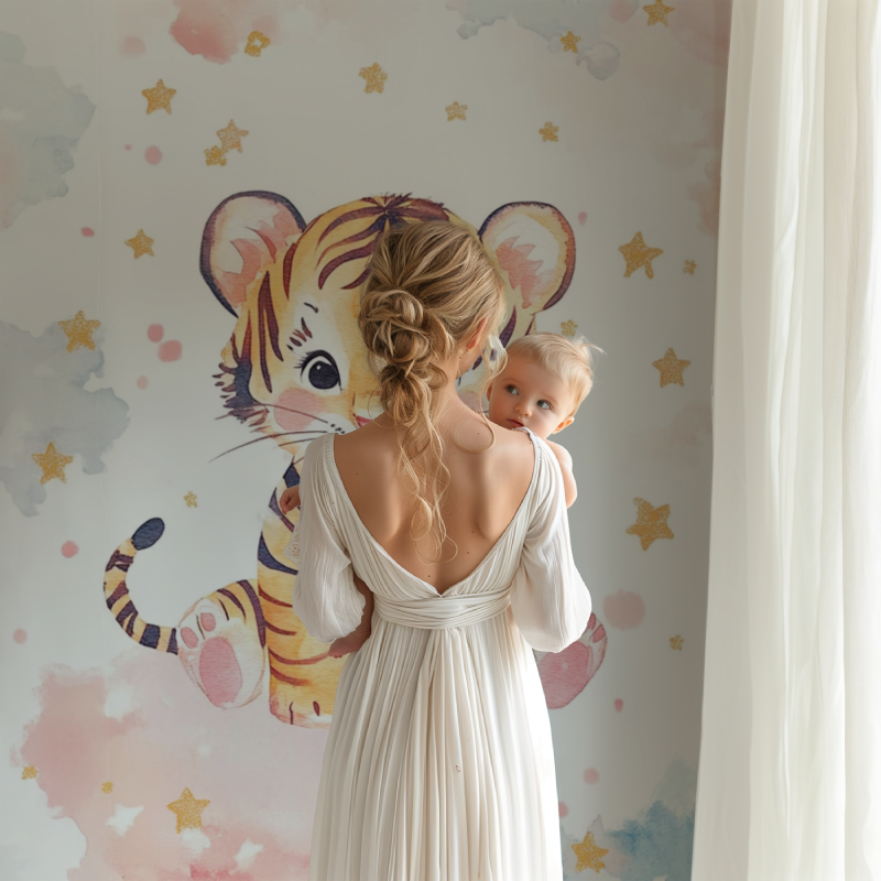 Tiger nursery wallpaper showcased in a reading nook with dreamy atmosphere