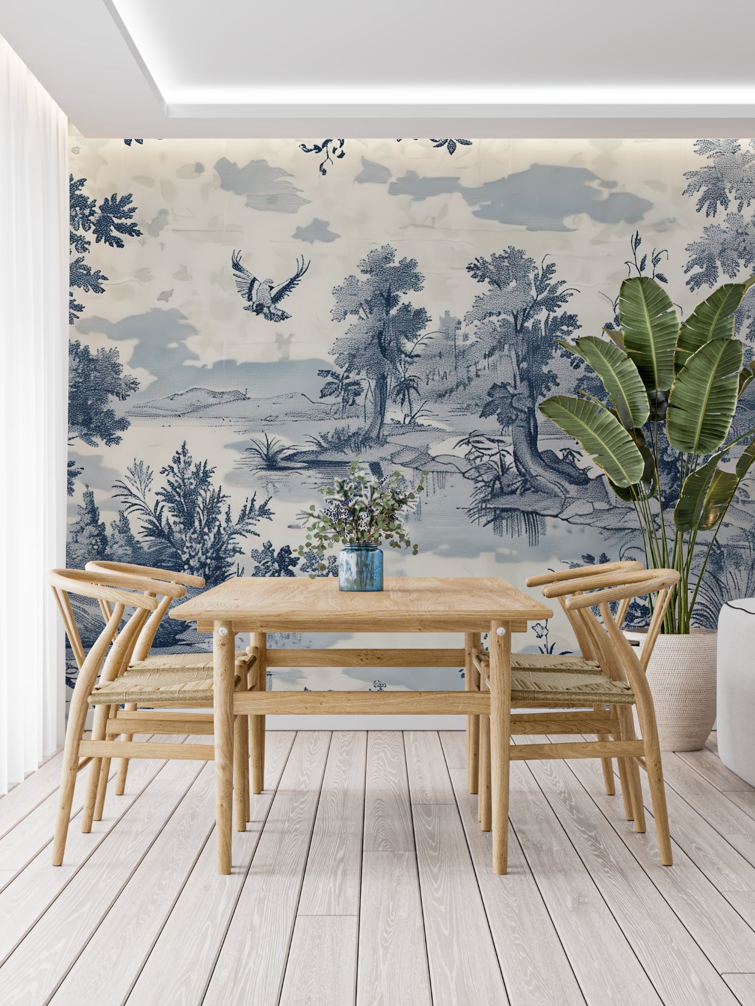 French blue Toile wallpaper in hallway with traditional decor