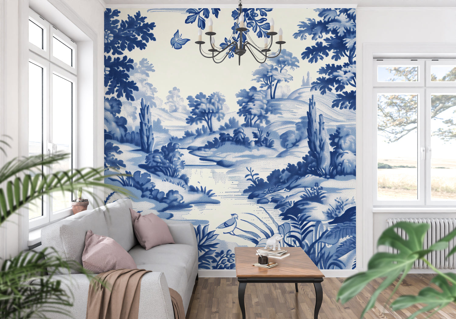 French pastoral wallpaper creating serene atmosphere in master bedroom with antique furniture