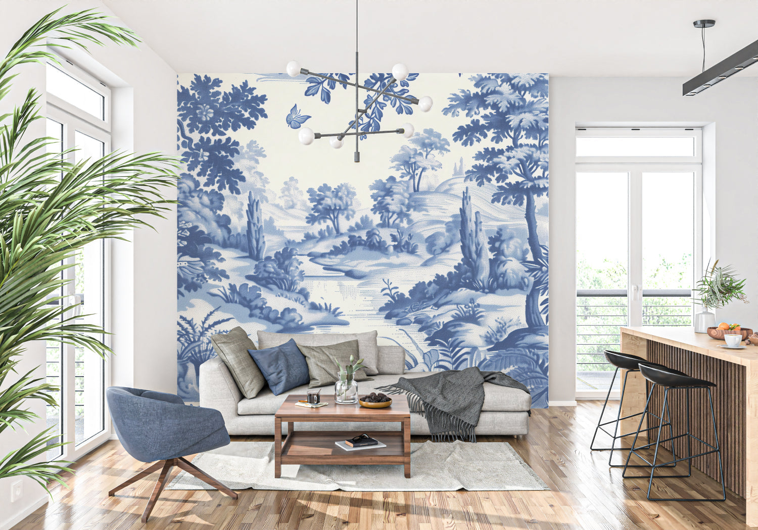 Toile de Jouy wall mural bringing French country charm to home office space