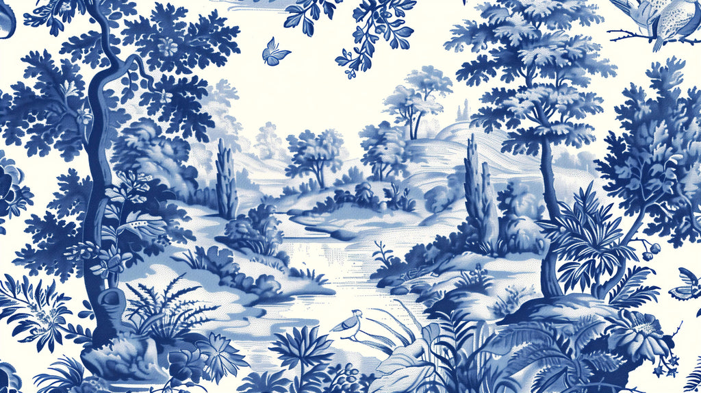 Design file of Blue Toile de Jouy pastoral pattern showing intricate details and true color