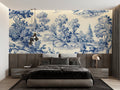 Blue Toile de Jouy wallpaper in elegant living room with cream sofa and natural light