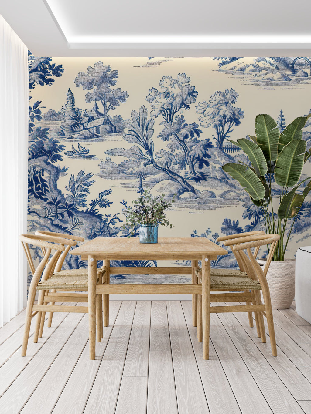 Powder room transformed with blue and cream pastoral wallpaper design