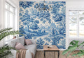 Blue Toile de Jouy wallpaper in elegant dining room showing pastoral scene details
