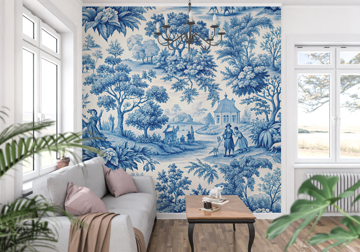 Blue Toile de Jouy wallpaper in elegant dining room showing pastoral scene details