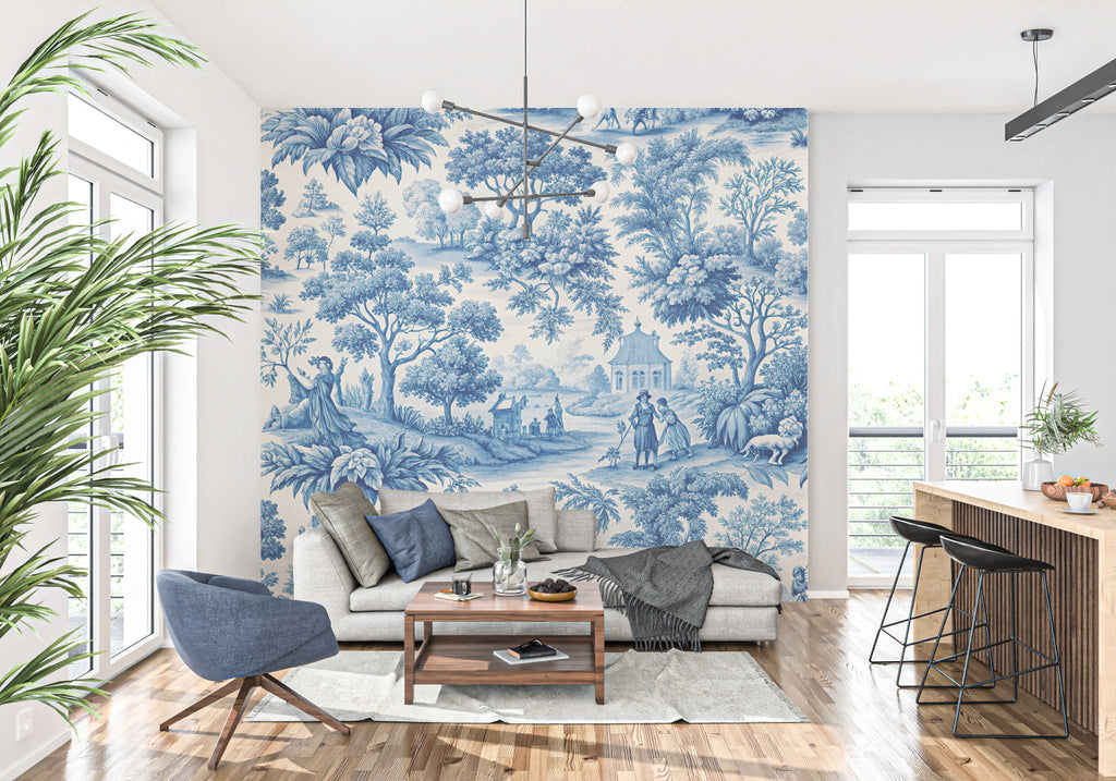 Classic blue and white Toile wallpaper bringing French charm to master bedroom