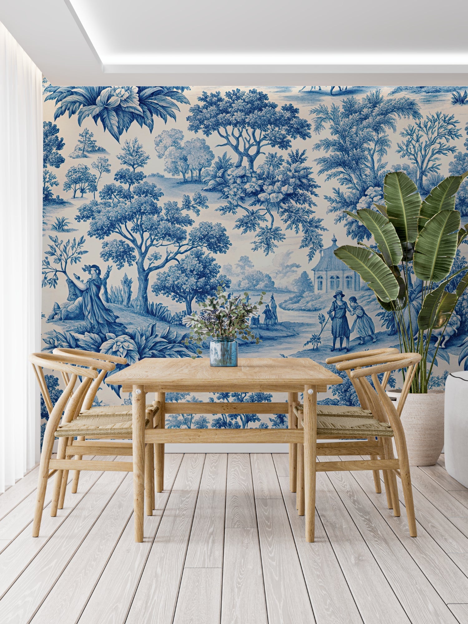 French Toile pattern mural creating focal point in living room setting