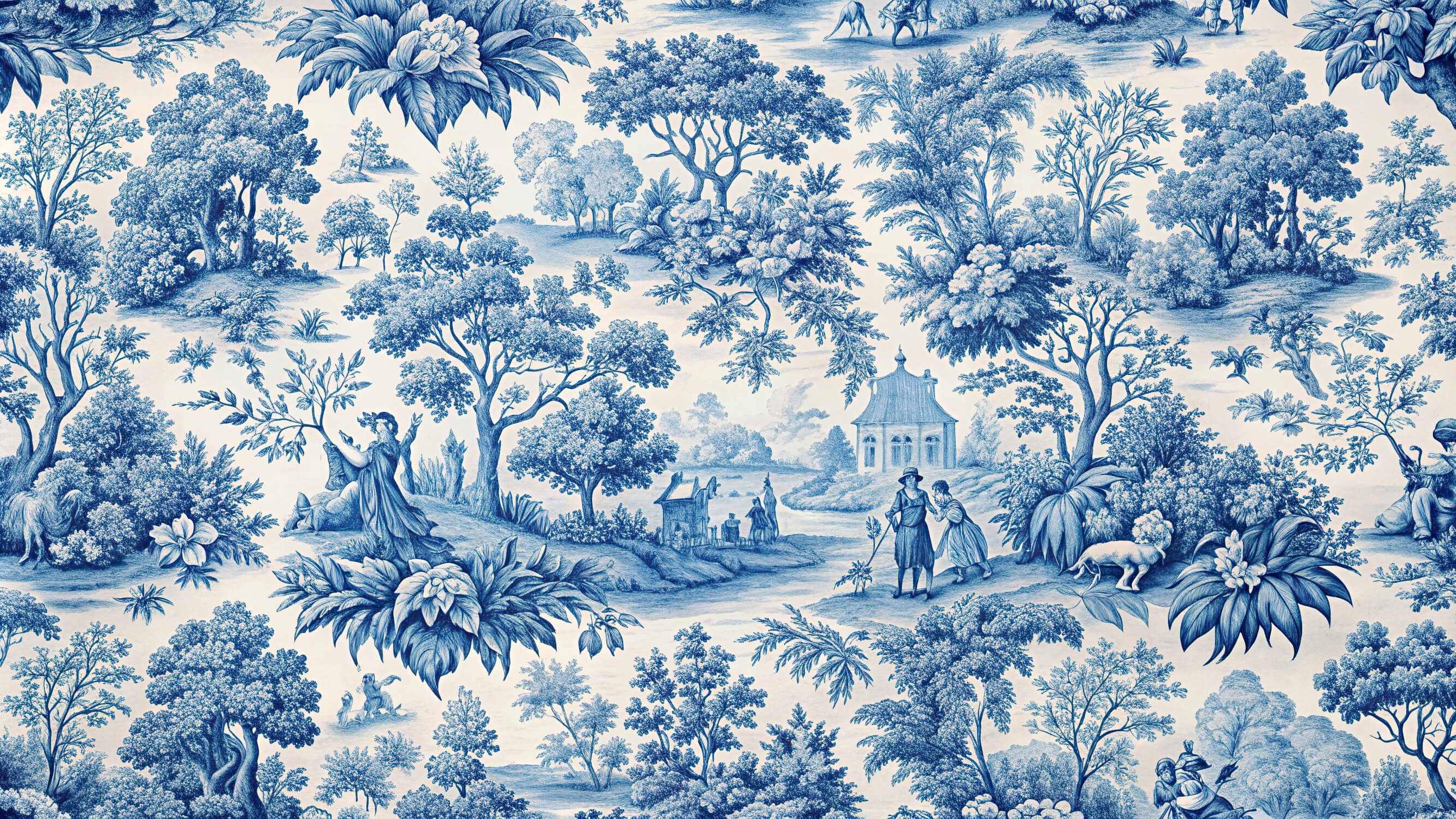 Design file of Blue Toile de Jouy pastoral pattern showing intricate French countryside details