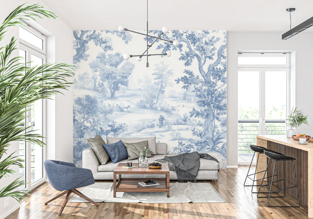 Classic blue forest Toile wallpaper in cozy living room setting