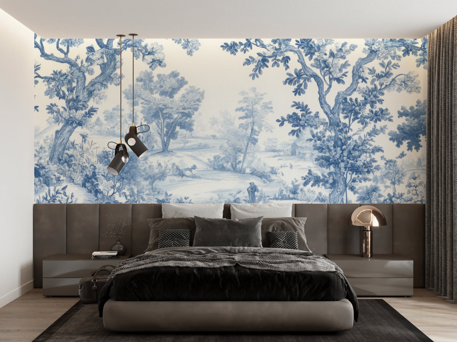French Toile de Jouy mural in master bedroom showing pastoral scene