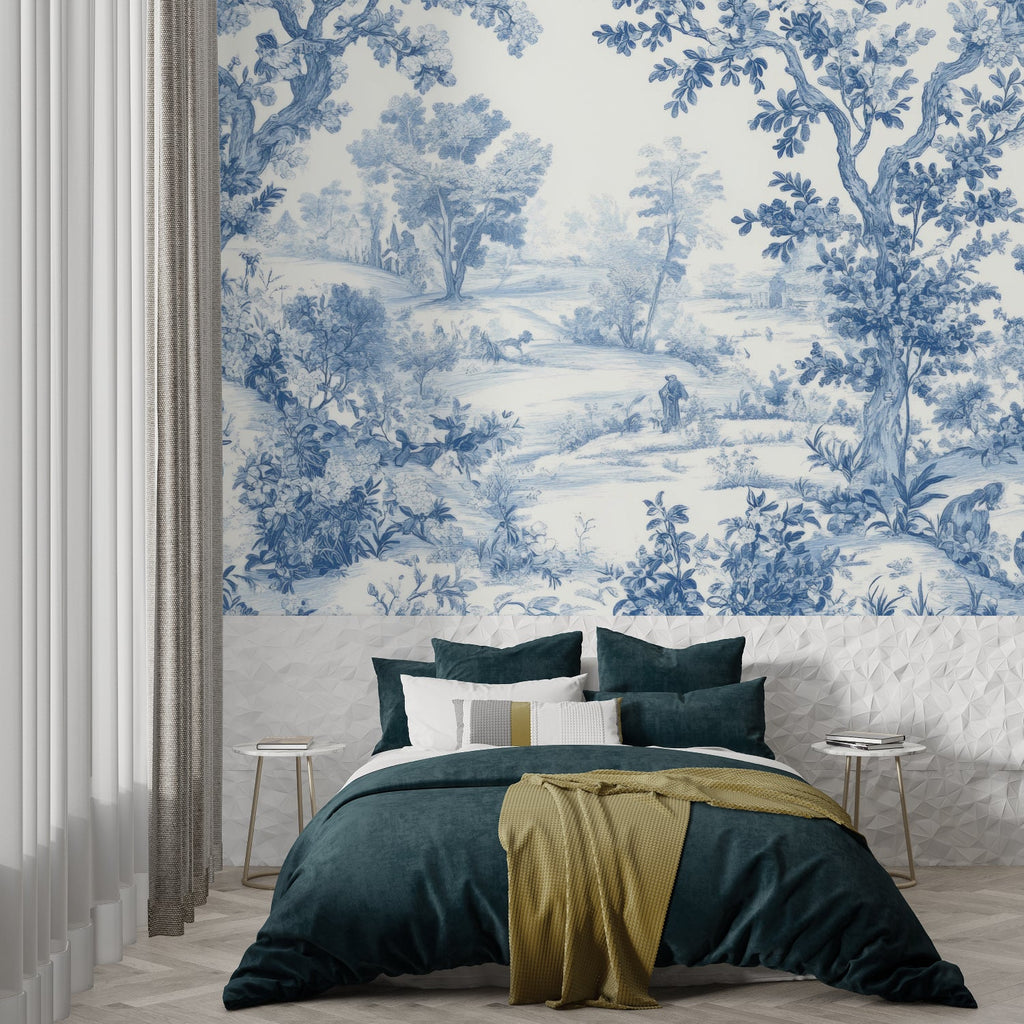 Blue and white Toile wallpaper bringing elegance to home office
