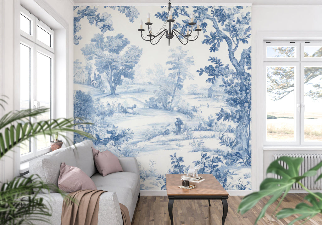 Traditional Toile de Jouy pattern in hallway setting