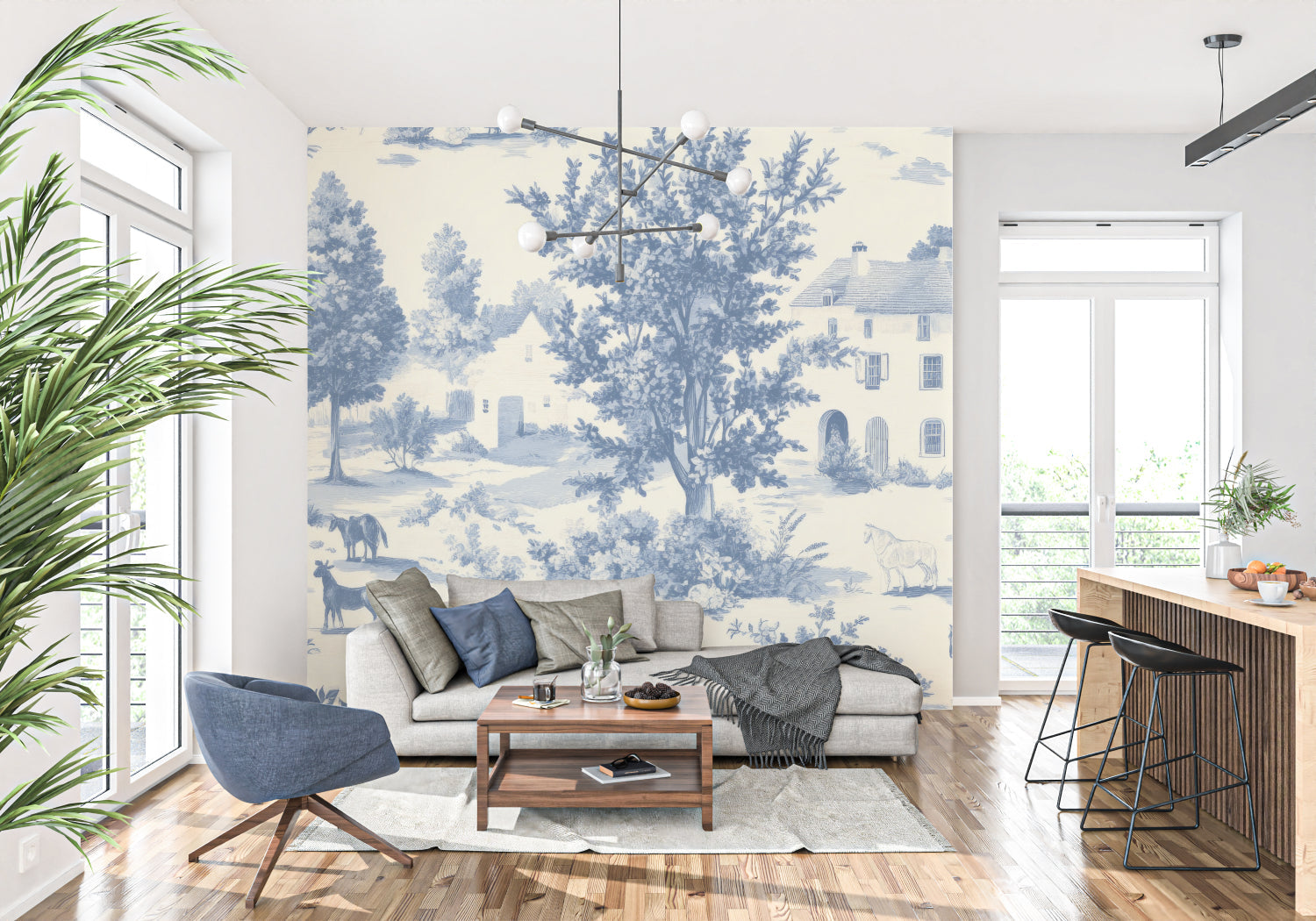 French country bedroom featuring blue pastoral scene wallpaper with antique furniture