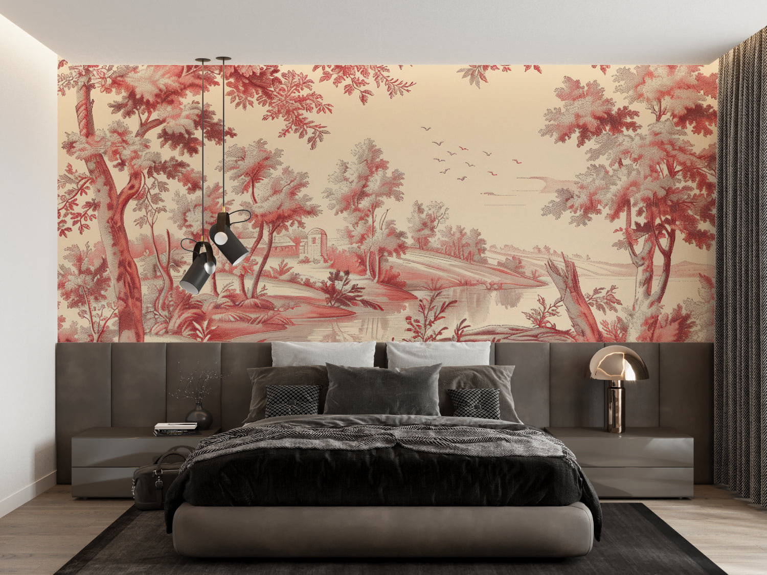 Red Toile de Jouy wallpaper in elegant dining room with crystal chandelier and wooden furniture