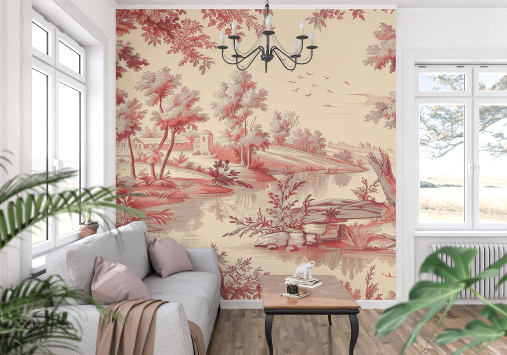French countryside wallpaper creating cozy atmosphere in master bedroom
