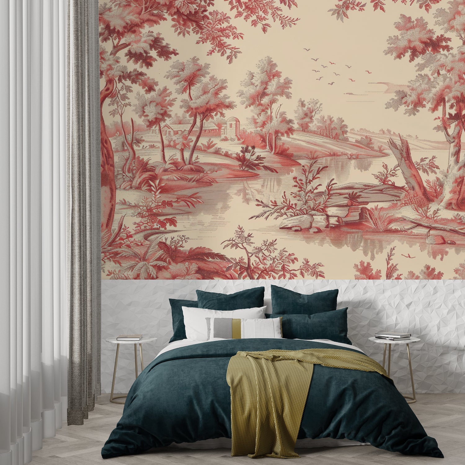 Classic red Toile pattern mural in living room with vintage furnishings