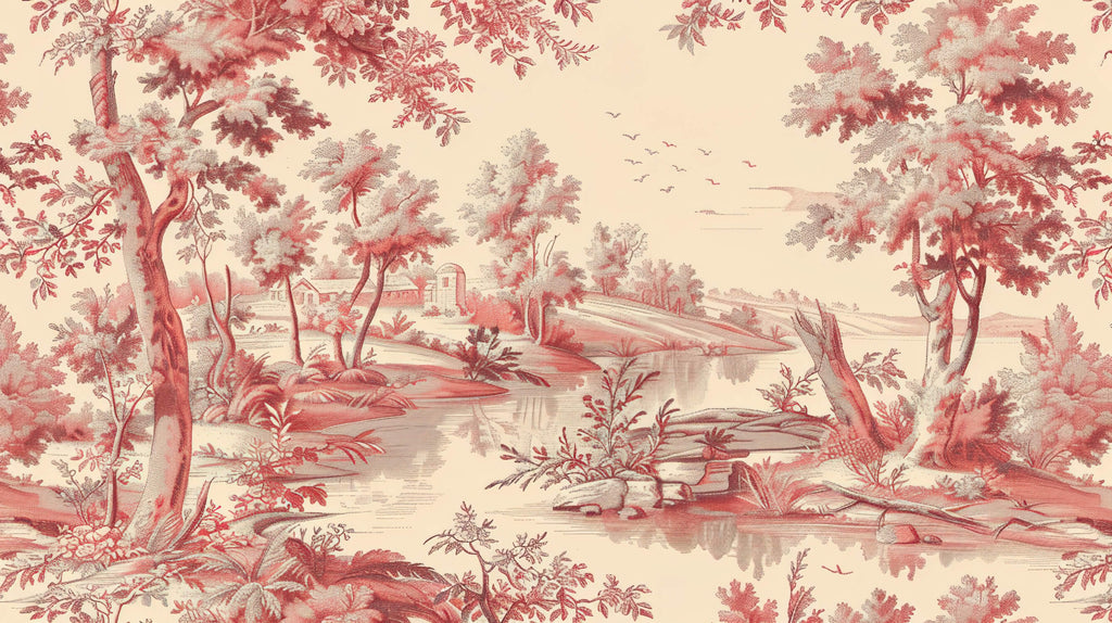 Design file showing detailed red Toile de Jouy pattern with French countryside scenes