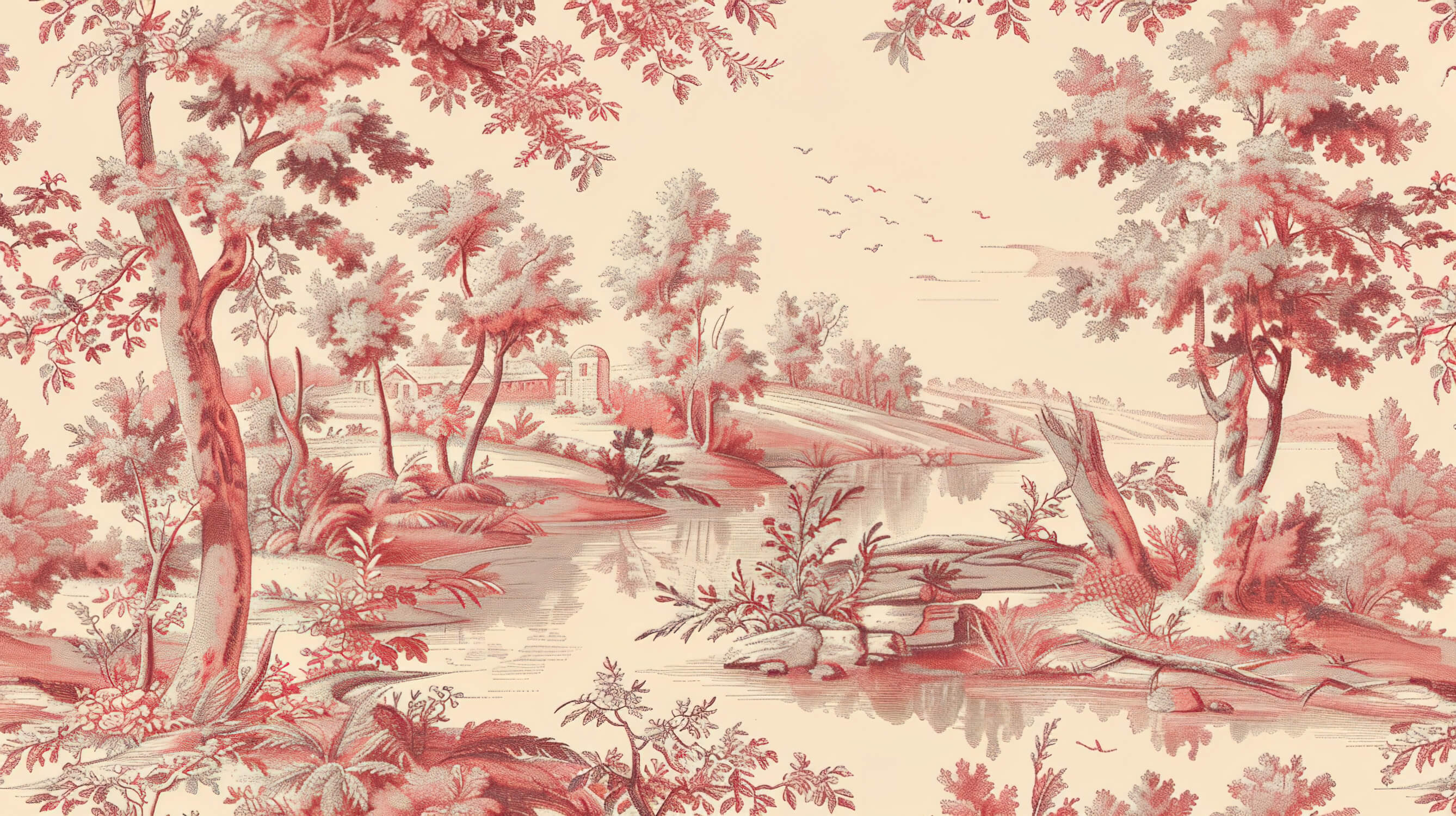 Design file showing detailed red Toile de Jouy pattern with French countryside scenes