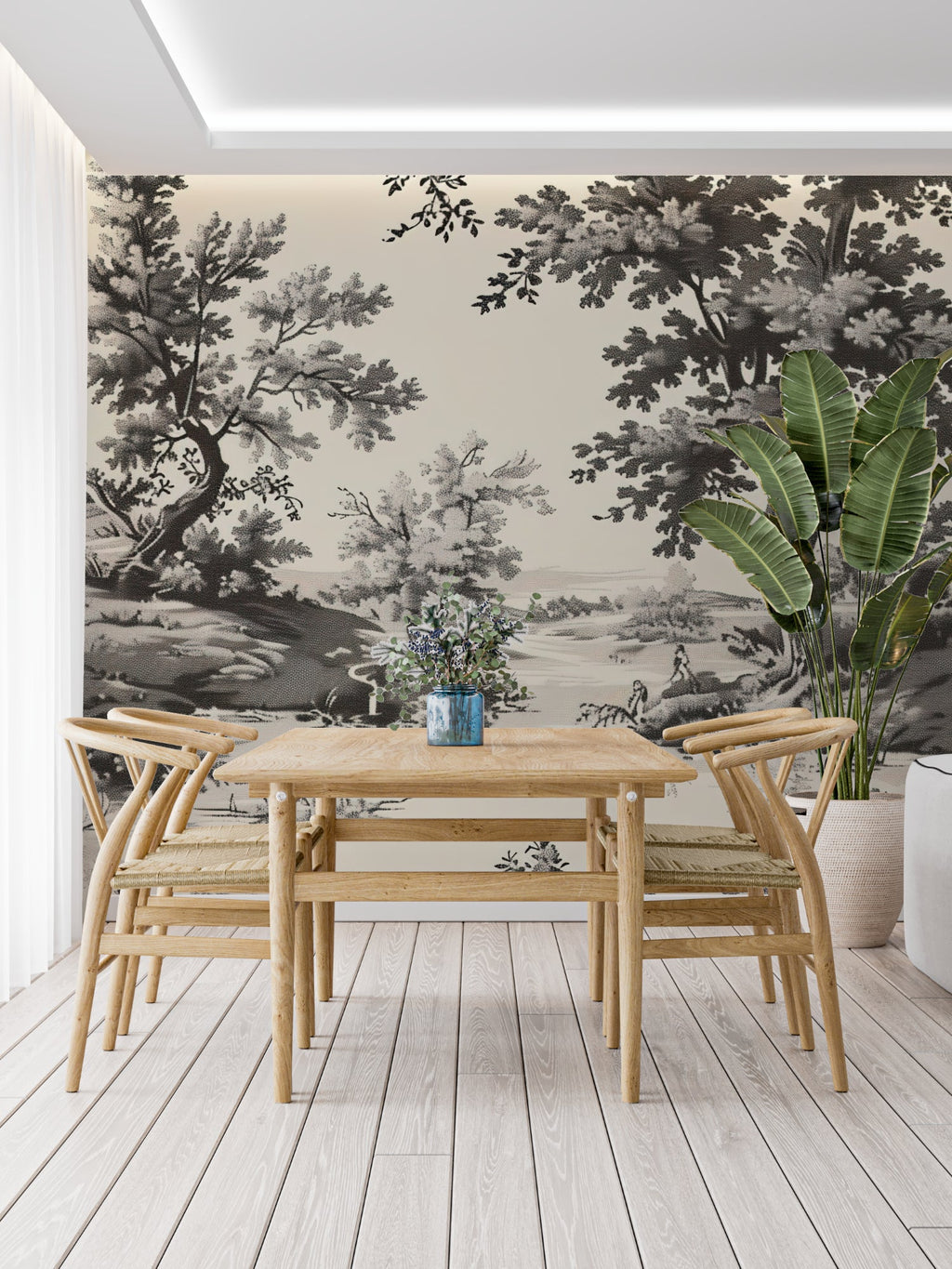 Grey Toile de Jouy wallpaper in modern living room with natural light highlighting the detailed landscape pattern