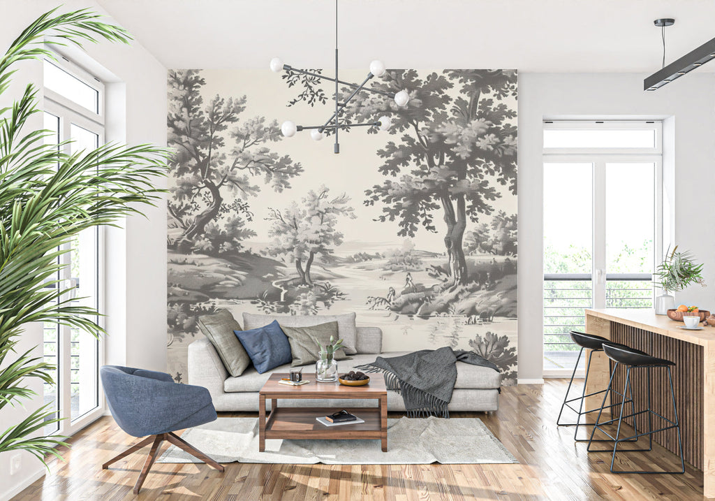 Elegant dining room featuring French Toile wallpaper mural in soft grey tones
