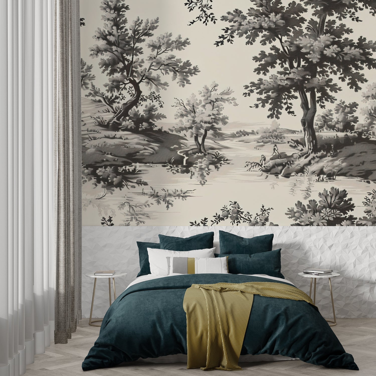 Home office space with classic French Toile wallpaper in sophisticated grey shades