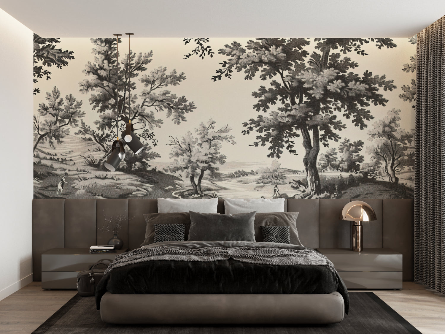 Entryway decorated with grey Toile de Jouy mural showing pastoral scenes