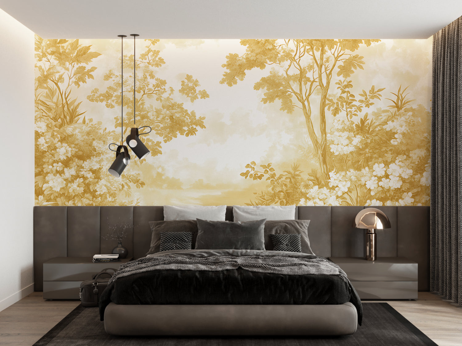 French Toile de Jouy wallpaper in elegant master bedroom, golden floral pattern creates soft, warm ambiance