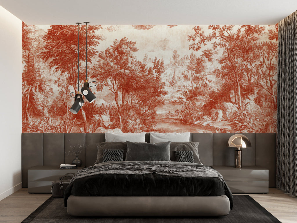 French countryside scene wallpaper creating cozy reading nook atmosphere