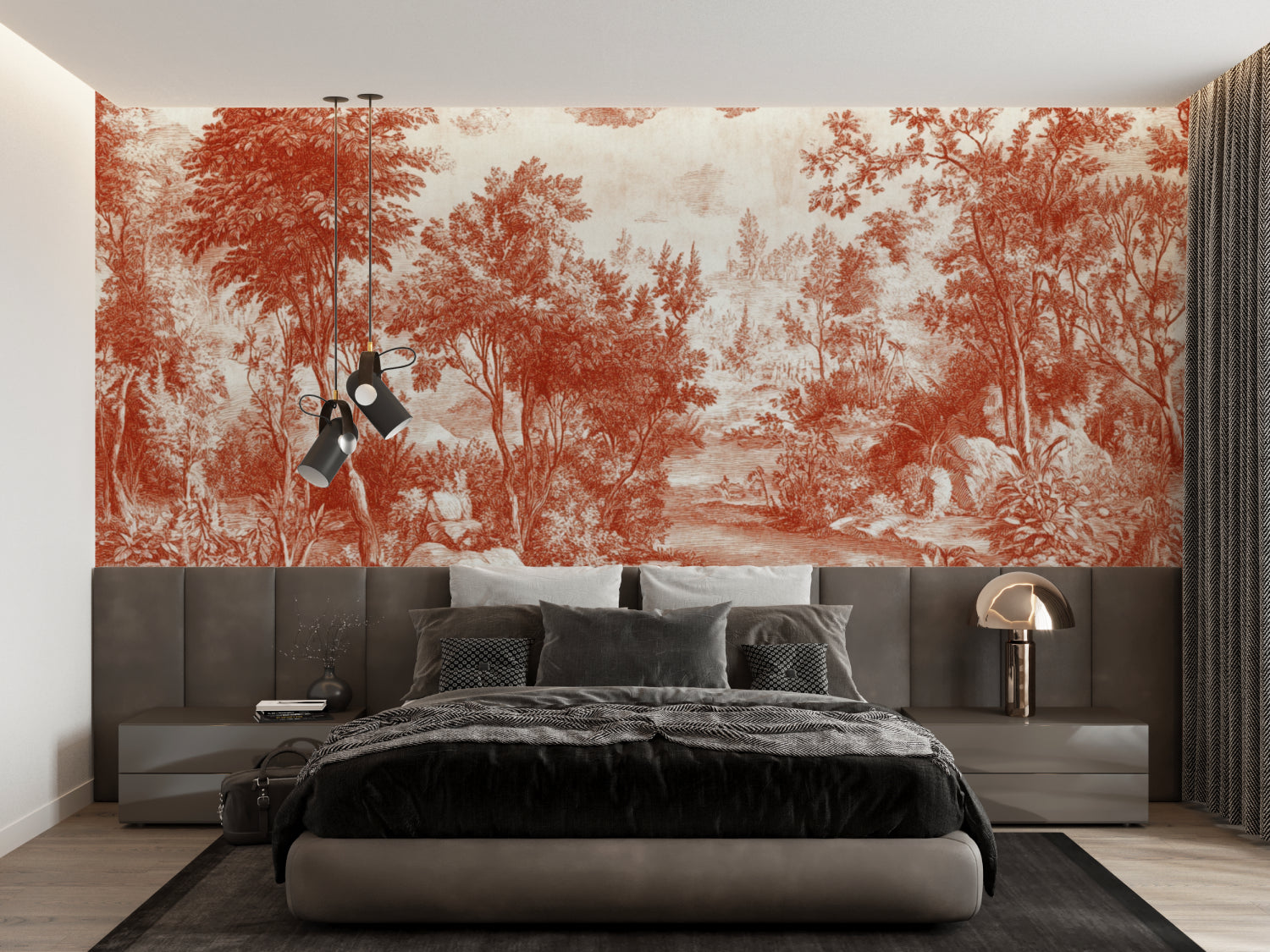 French countryside scene wallpaper creating cozy reading nook atmosphere