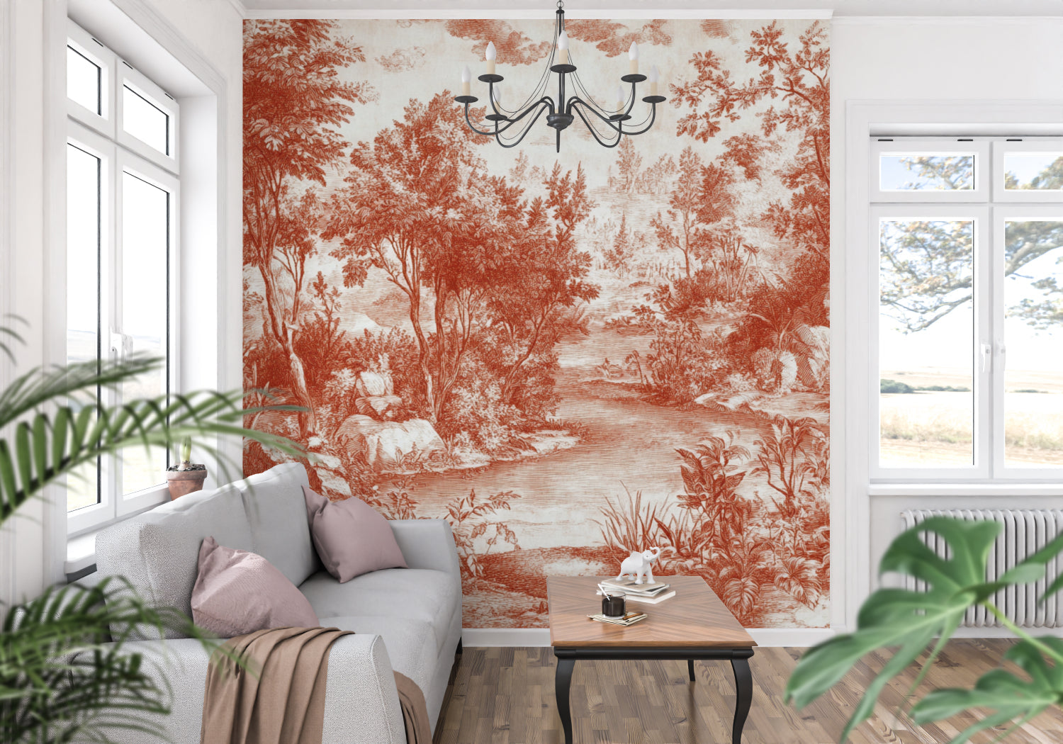 Classic Toile de Jouy design in hallway with antique mirror