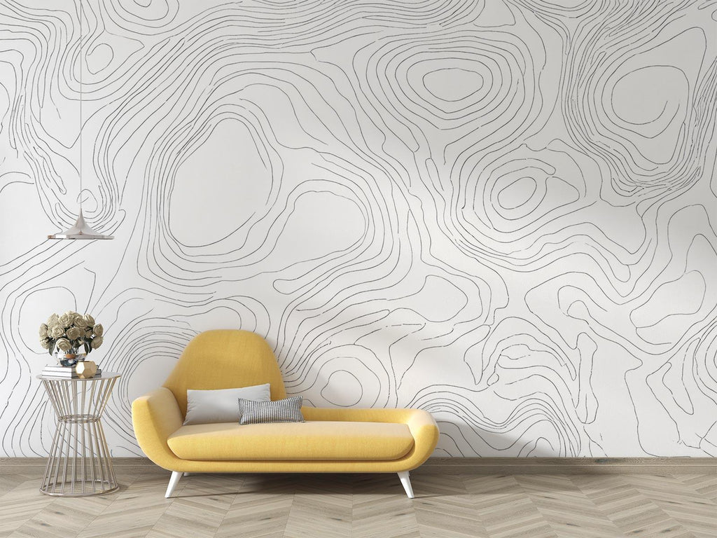 Topographic wall mural bringing movement to a modern home office space