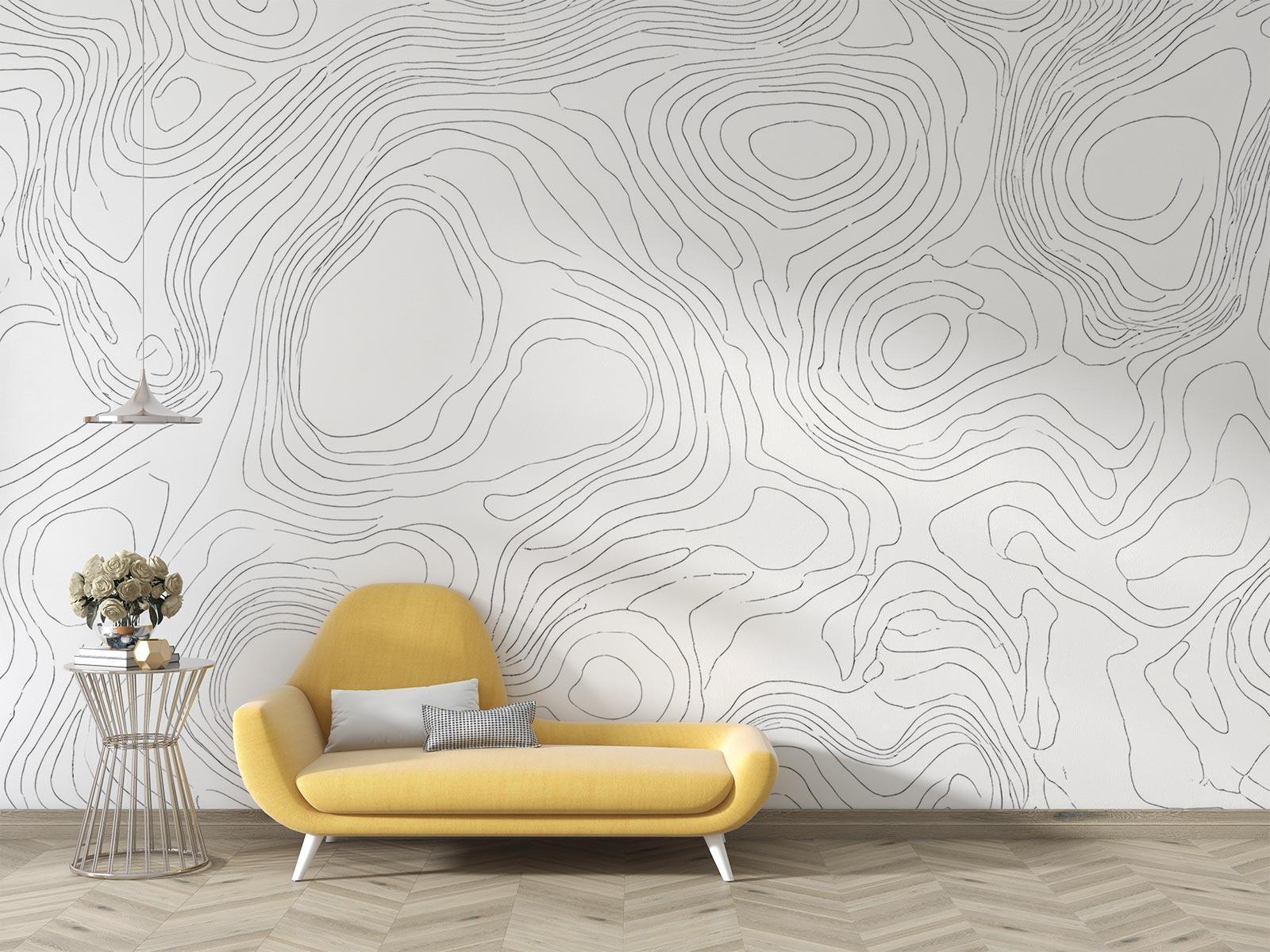 Topographic wall mural bringing movement to a modern home office space