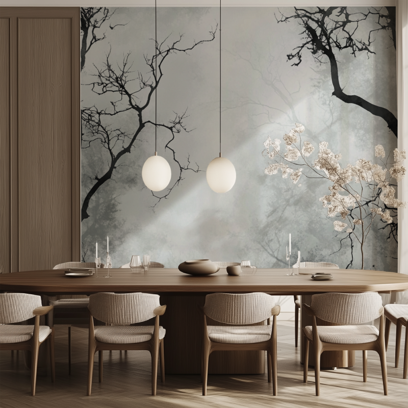 Black branch wall mural creating elegant atmosphere in master bedroom with contemporary furniture