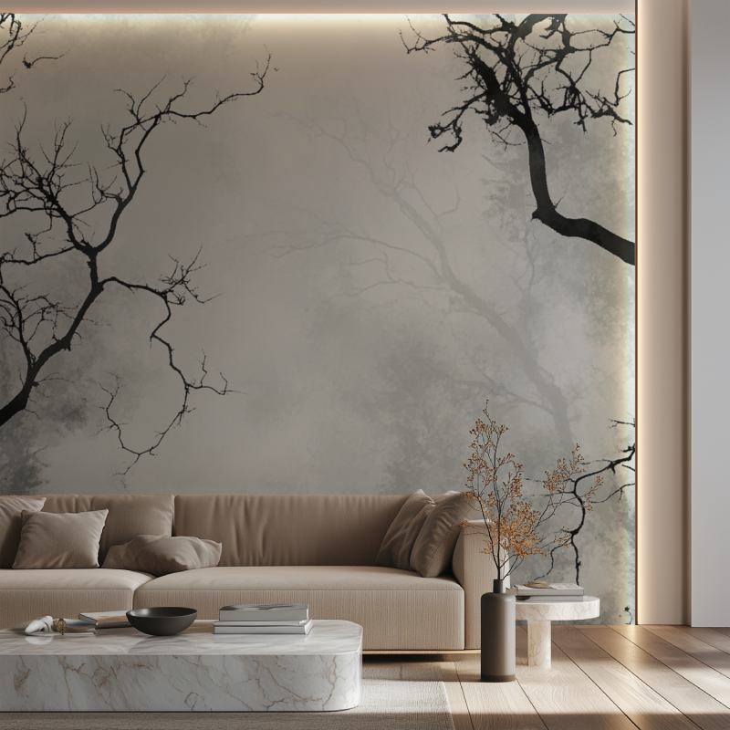 Modern dining room featuring minimalist tree branch wallpaper in black and grey tones