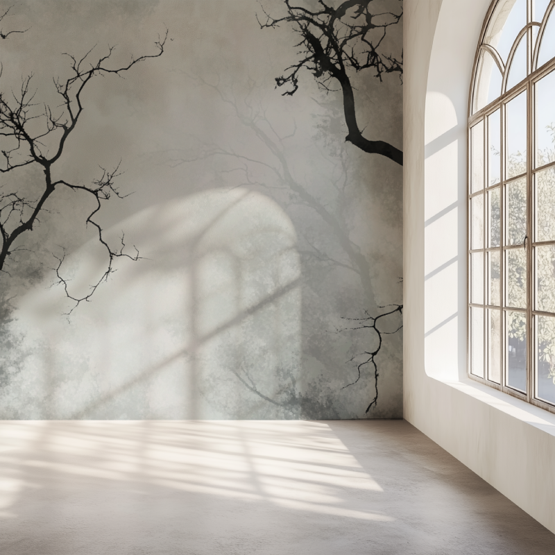 Home office space with grey tree branch mural adding depth and sophistication
