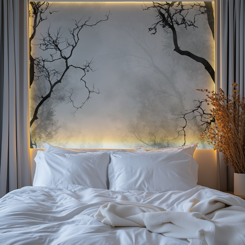 Hallway decorated with black branch wallpaper showing natural light interaction