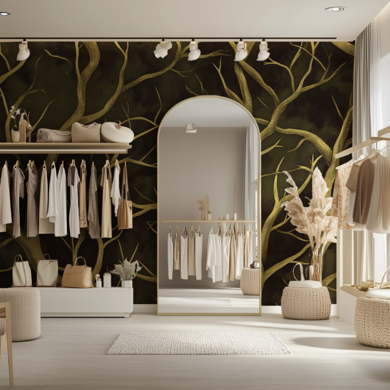 Tree branch wallpaper with gold details creating an elegant atmosphere in a modern living room
