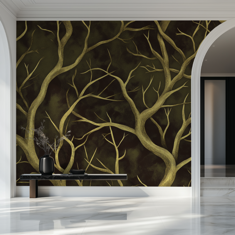Nature-inspired gold branch wallpaper making a statement in a master bedroom