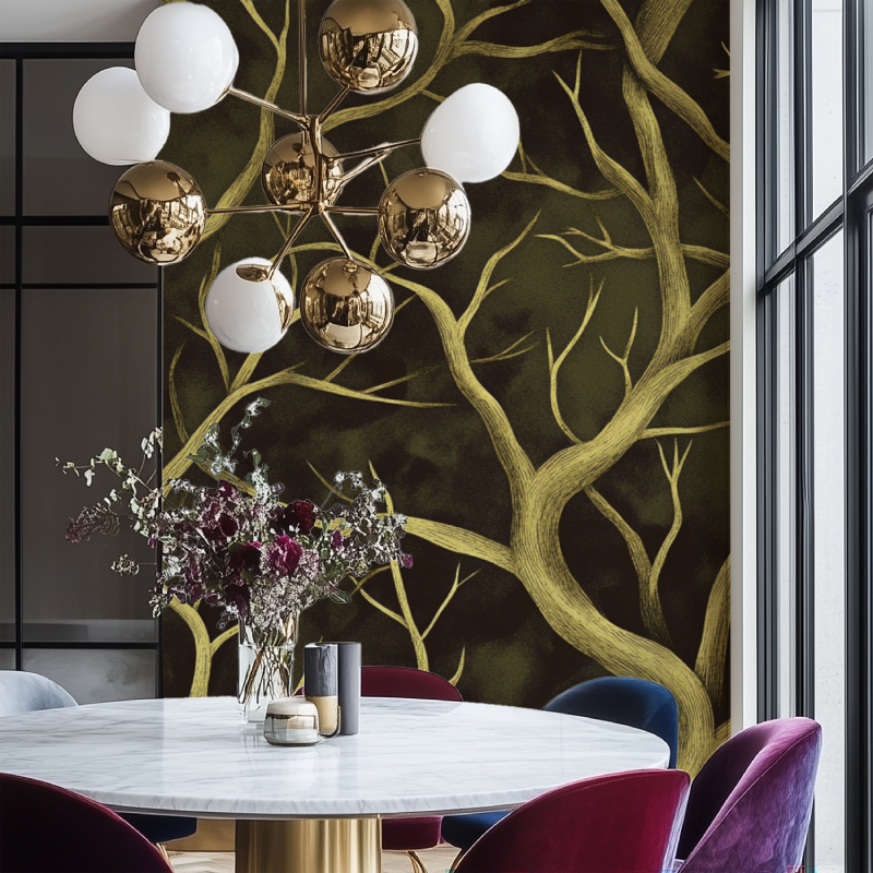 Botanical wall mural featuring golden branches in a home office space