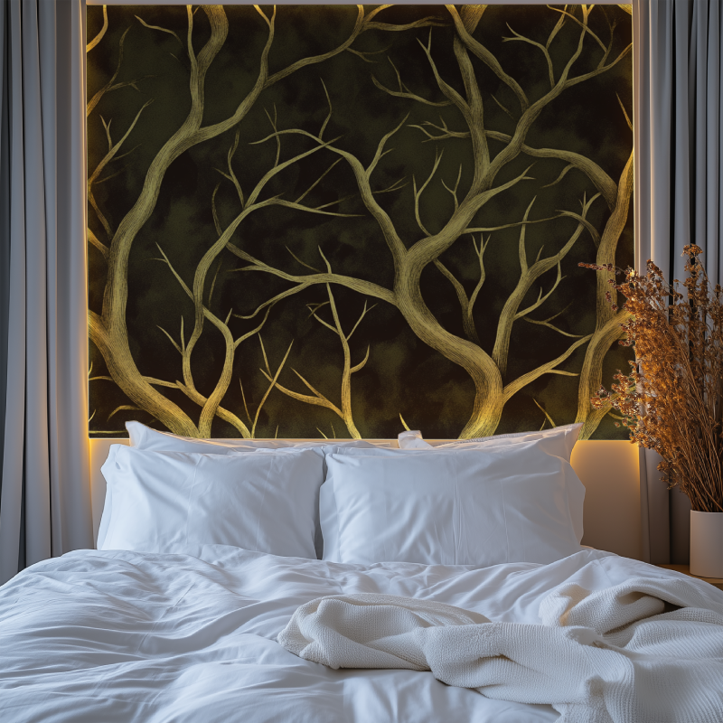 Green and gold tree branch wallpaper creating depth in an entryway