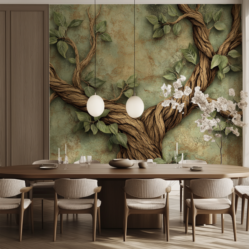 Botanical wall mural with twisted vines brightening a cozy bedroom space