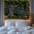 3D tree wallpaper creating depth in modern living room with gray sofa