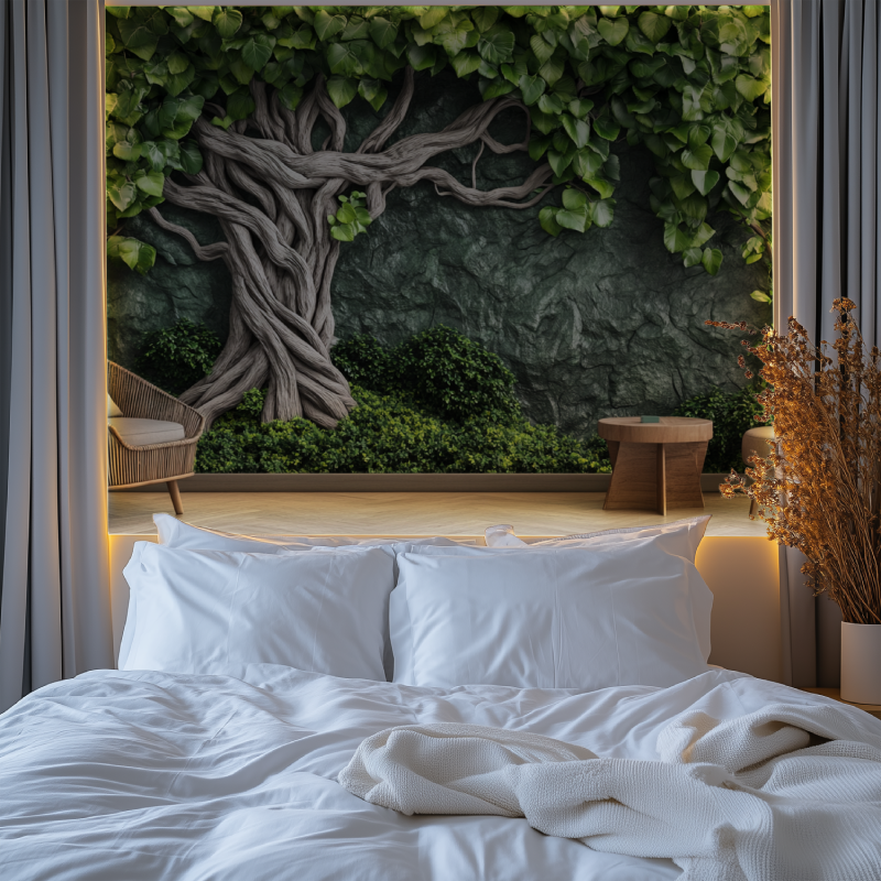3D tree wallpaper creating depth in modern living room with gray sofa