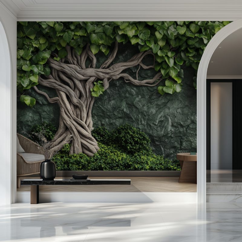 Ancient tree mural creating focal point in meditation space