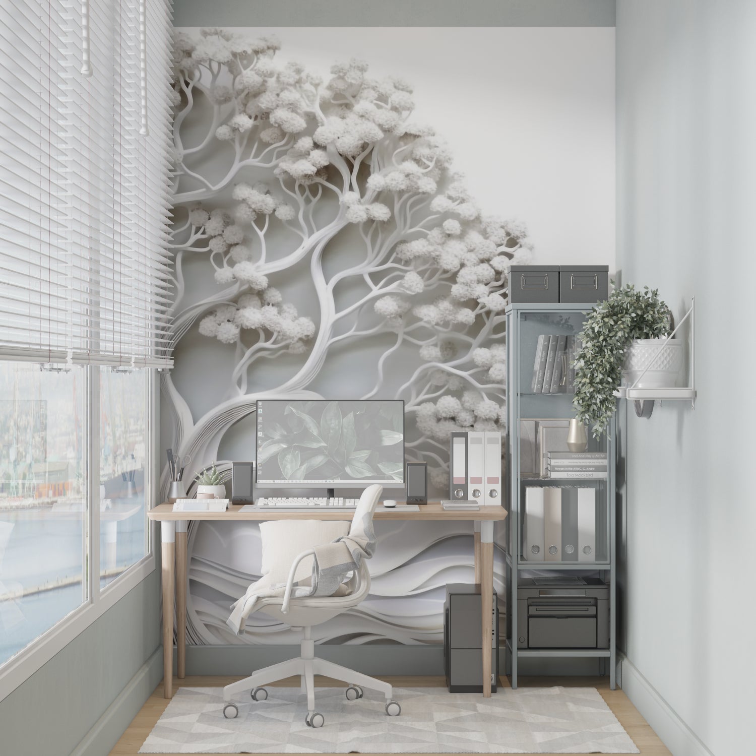 Sculptural tree mural creating gallery feel in upscale hotel lobby